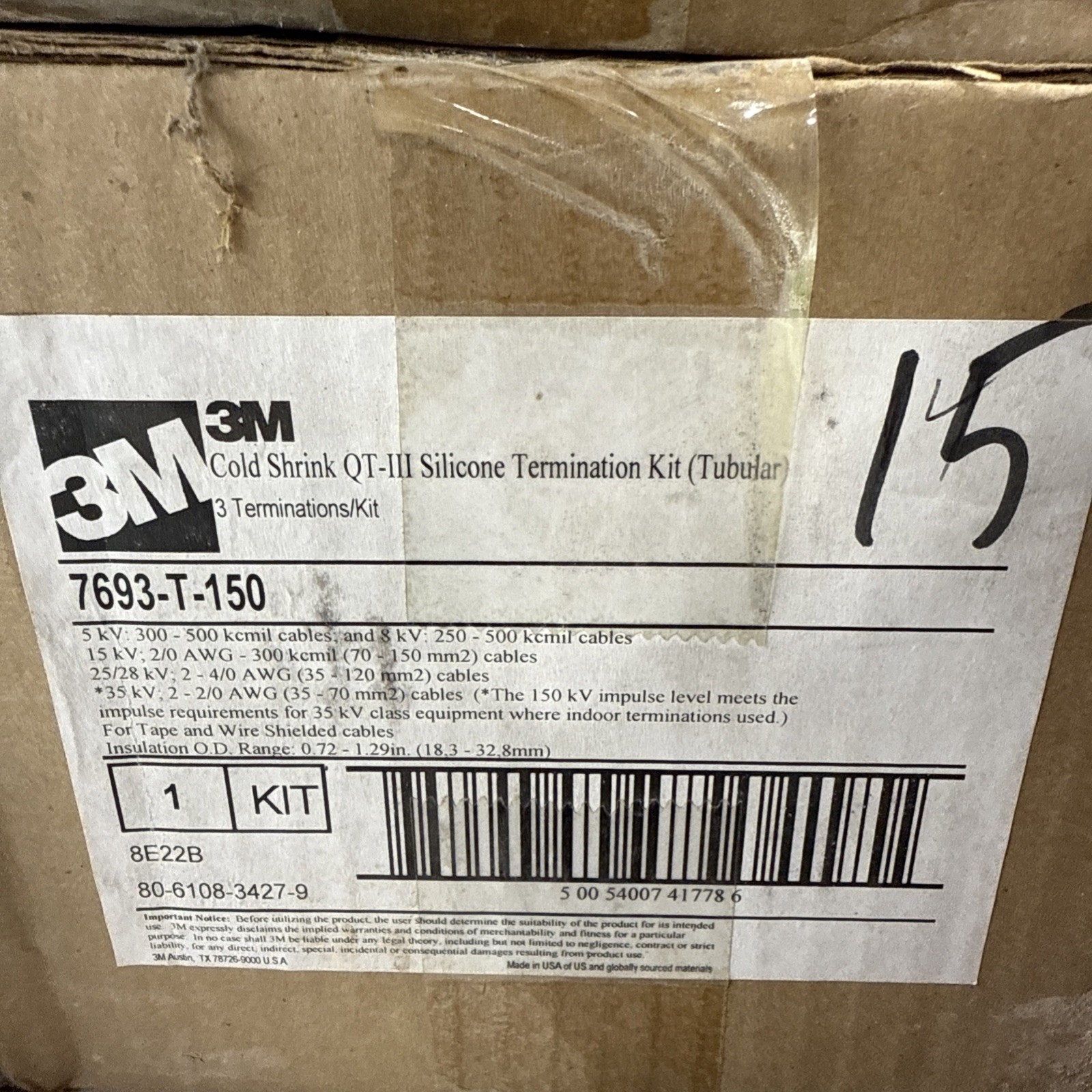 3M 7693-T-150, COLD SHRINK QT-III Termination Kit, 3x Terminations, NEW