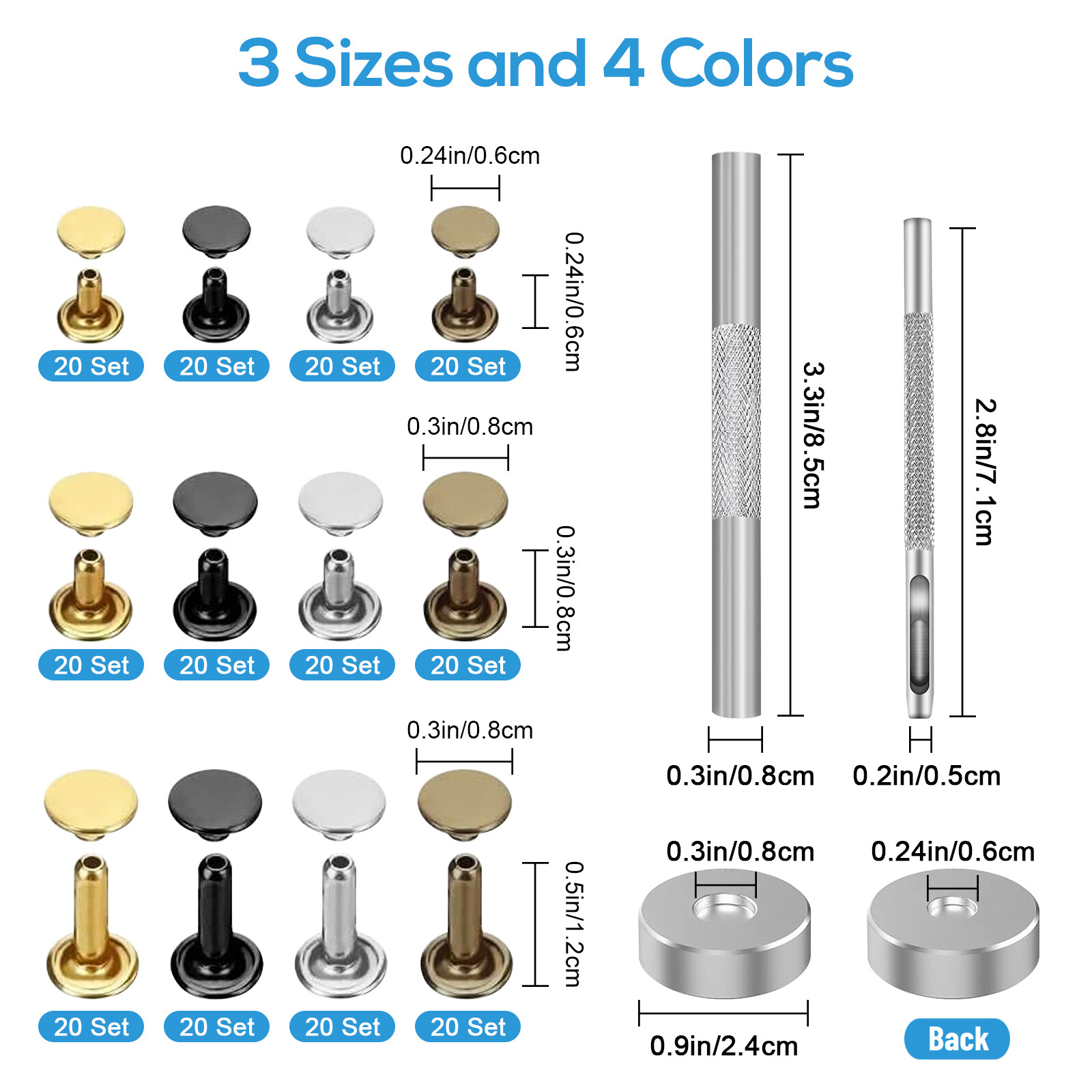 240 Set Leather Rivet Kit Double Cap Metal Studs for DIY Craft Hardware Supplies