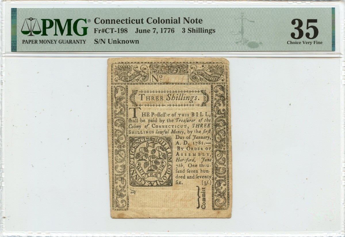 1776 June 7, 3 Shillings Connecticut Colonial Note FR#CT-198 PMG VF35