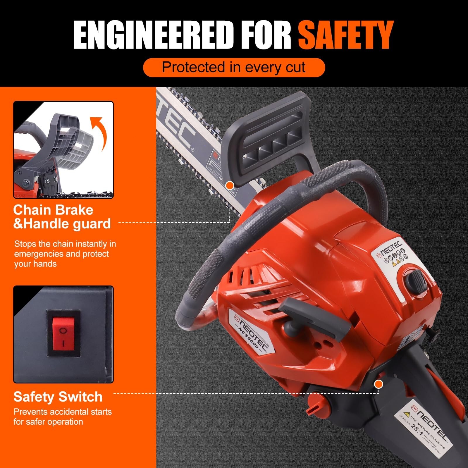 68CC 22'' 24'' Gasoline Chainsaw Powered Wood Cutting Engine Gas Chain Saw 2 Bar