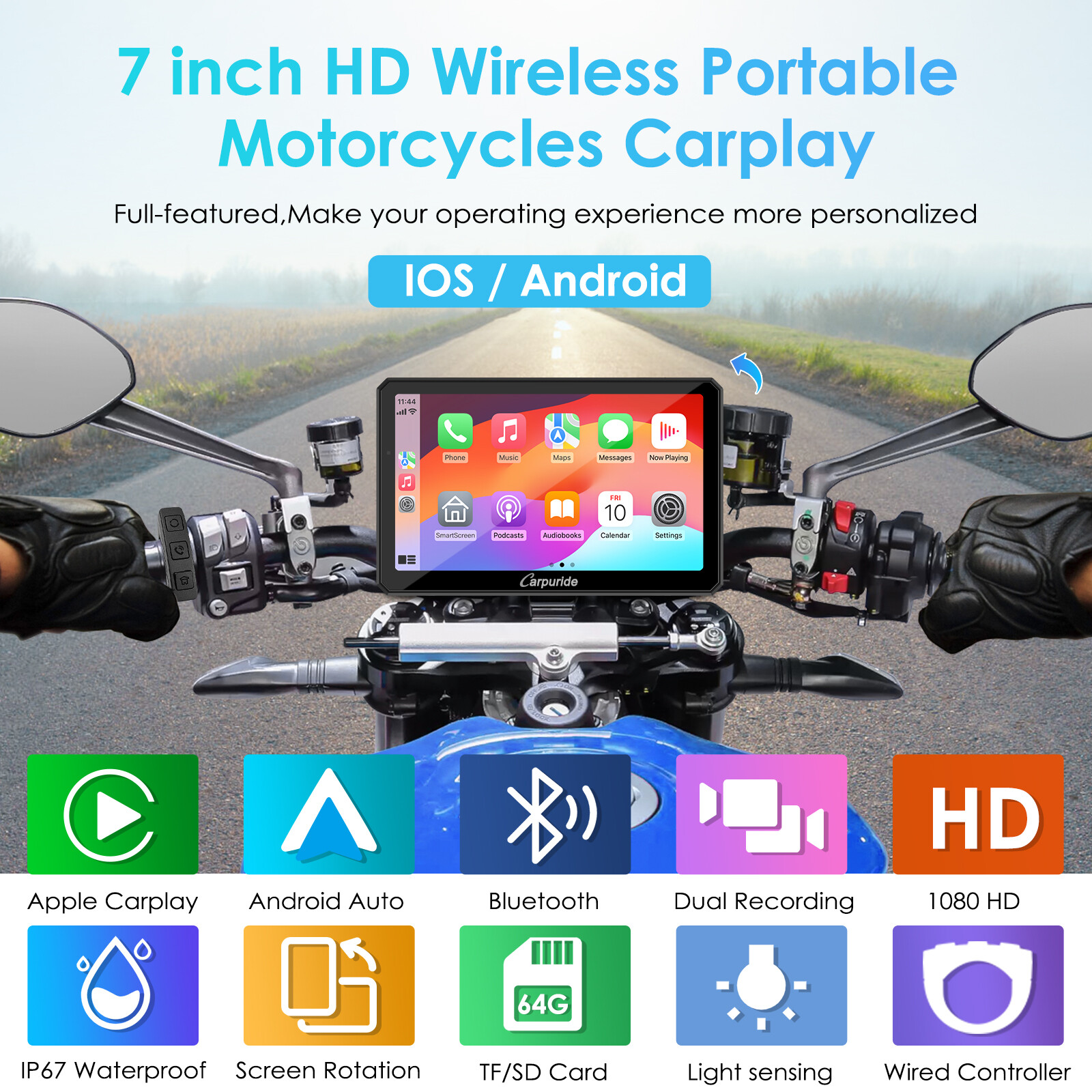 Carpuride W712D Moto Stereo Waterproof Dual Camera Wireless Carplay Android Auto