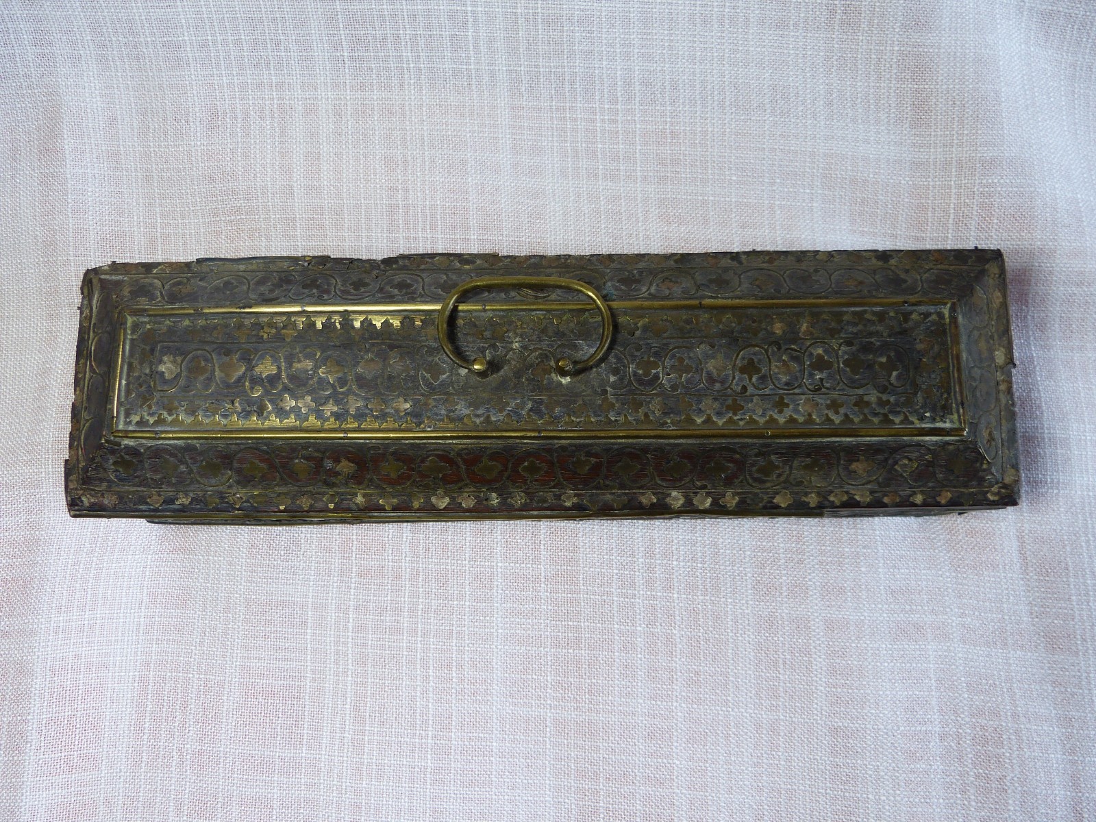 Antique 19th Century 19th Century Brass Inlay Wooden Glove Box Set