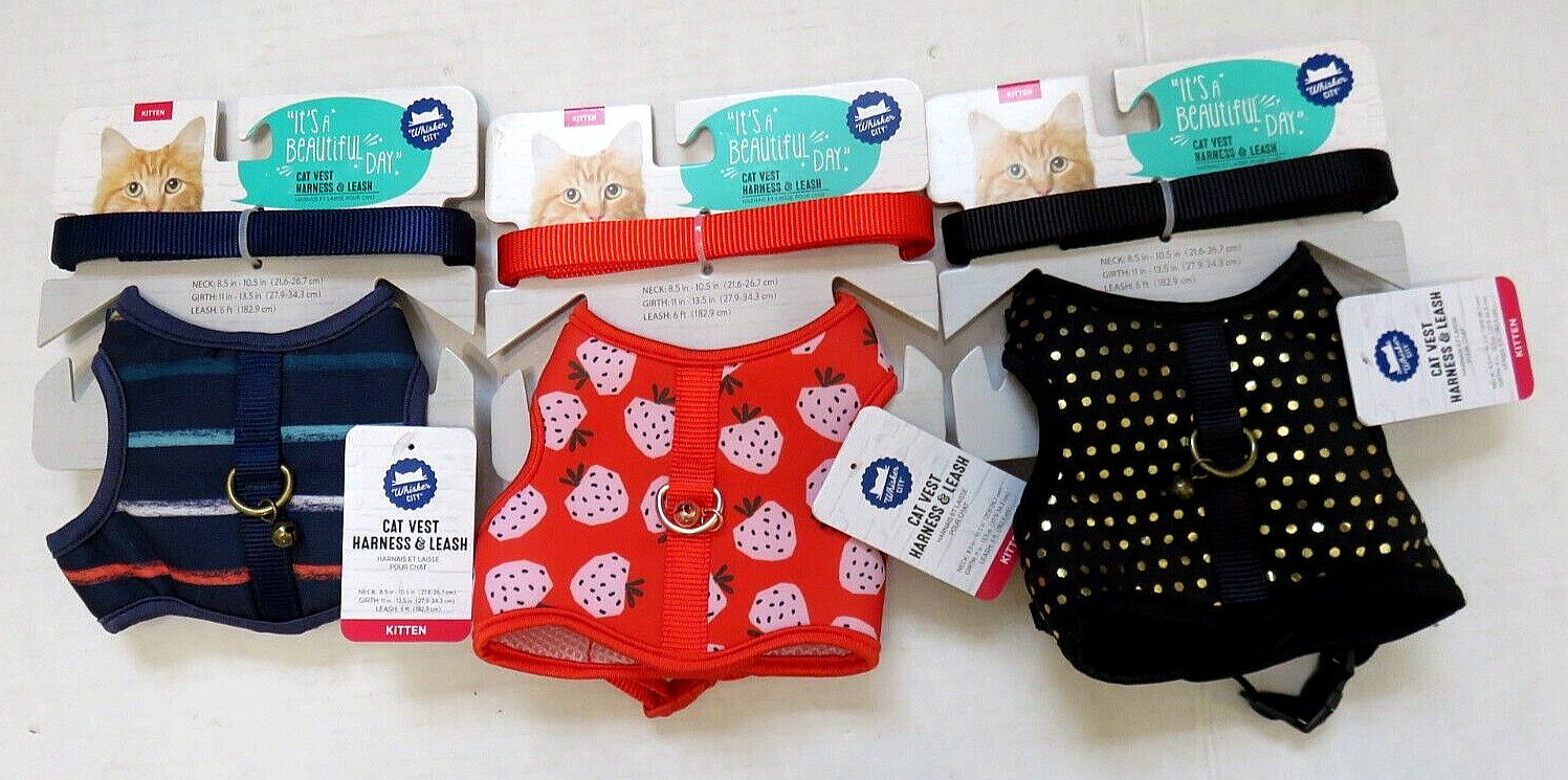 Whisker City Cat Vest Harness & Leash KITTEN Stripe, Strawberry or Bling New