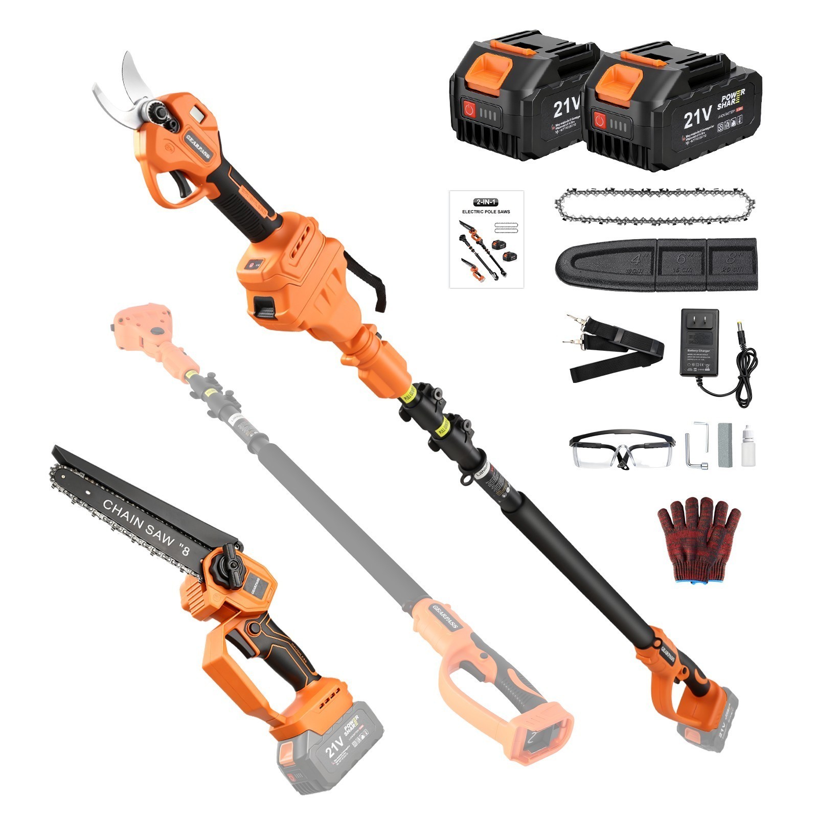 4-in-1 Cordless Pole Saw & Pruning Shears Combo Kit 16FT Reach 8" Chainsaw