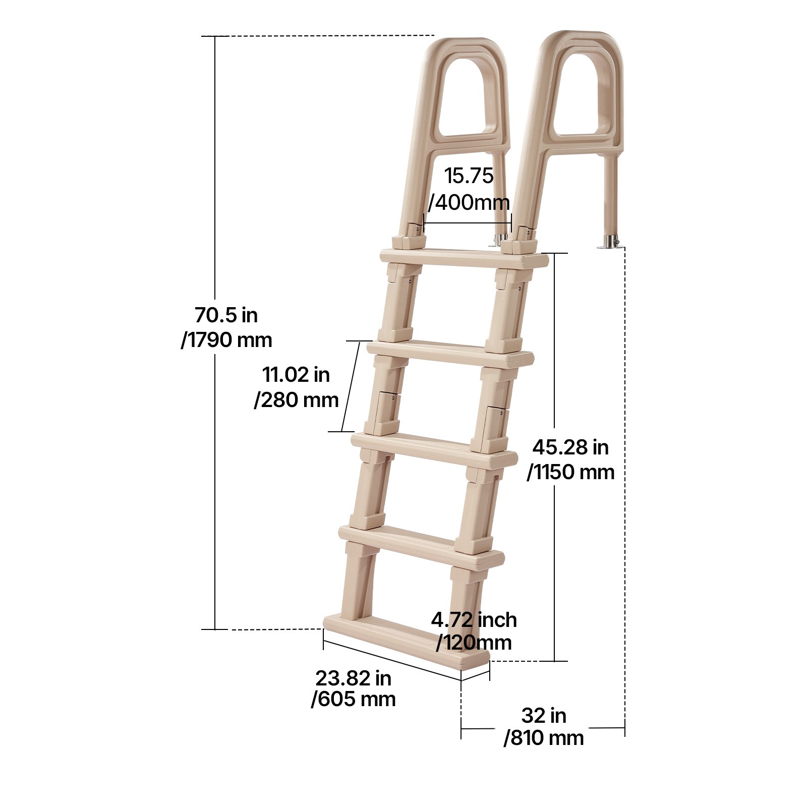 Uimoso Pool Ladder with Angled 5 Steps, Dual Handrails, 48-54in, 300lbs, Taupe