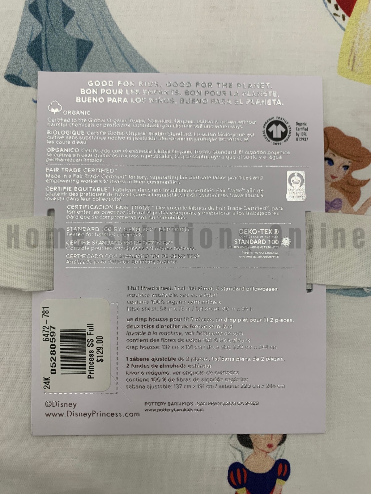 Pottery Barn Disney Princess Organic Cotton Sheet Set Full White Multi #7019