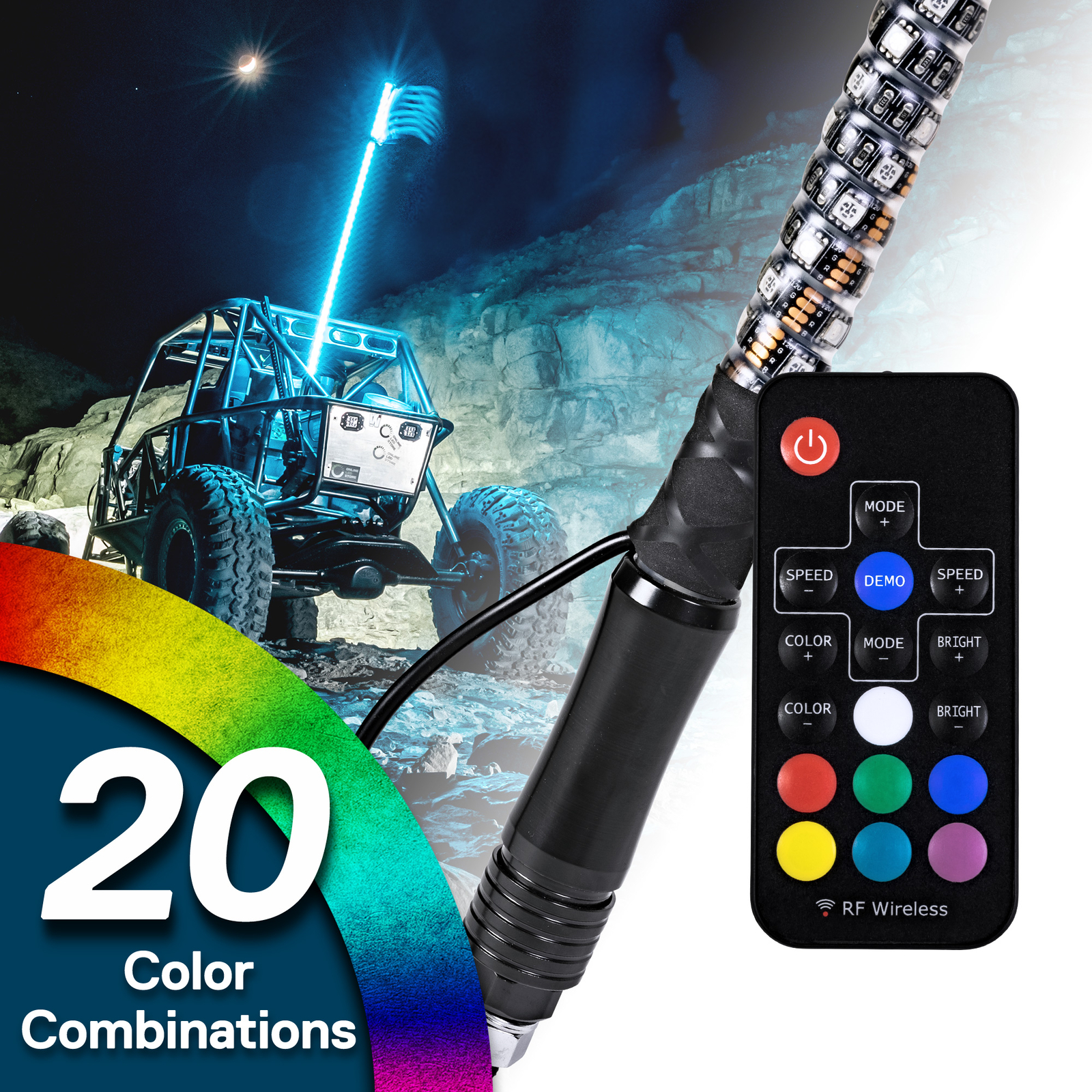 3ft RGB LED Spiral Whip Light Antenna with Flag & Remote for ATV UTV Polaris RZR