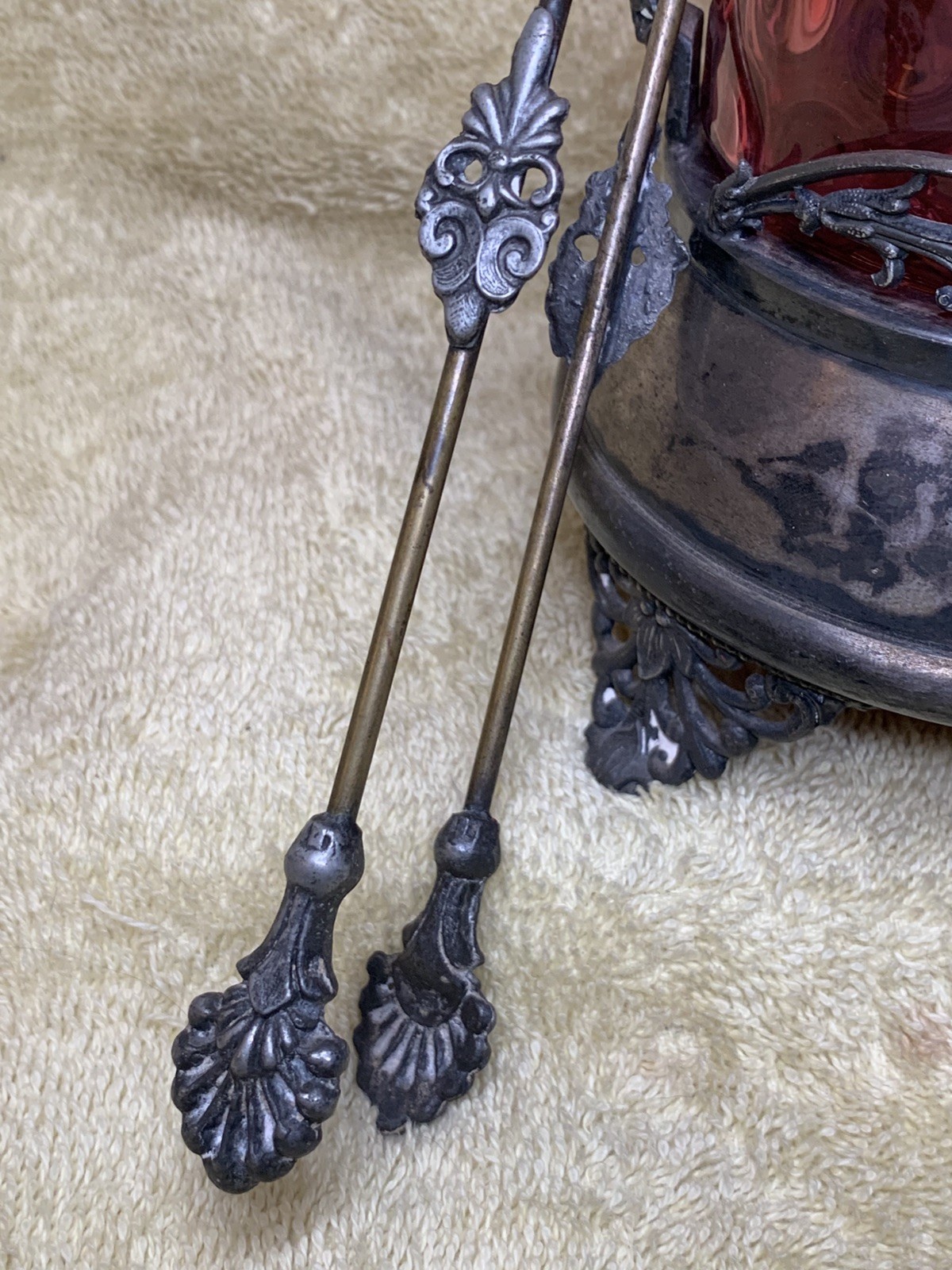 Antique Victorian Style Pickle Castor W/ Tongs Coin Dot Glass Cranberry Red