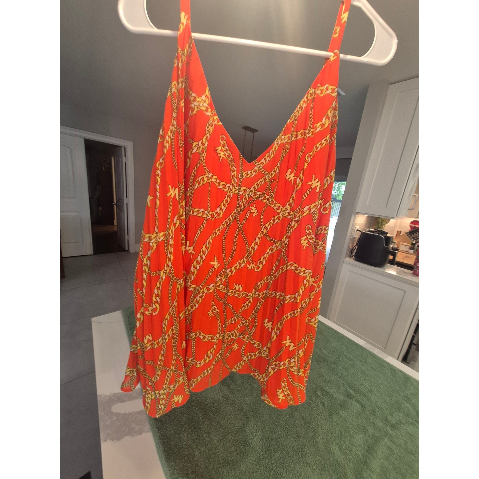 Michael Kors Optic Orange Chain Link Logo Pleated Cami Top MS340HC8EY XL NEW