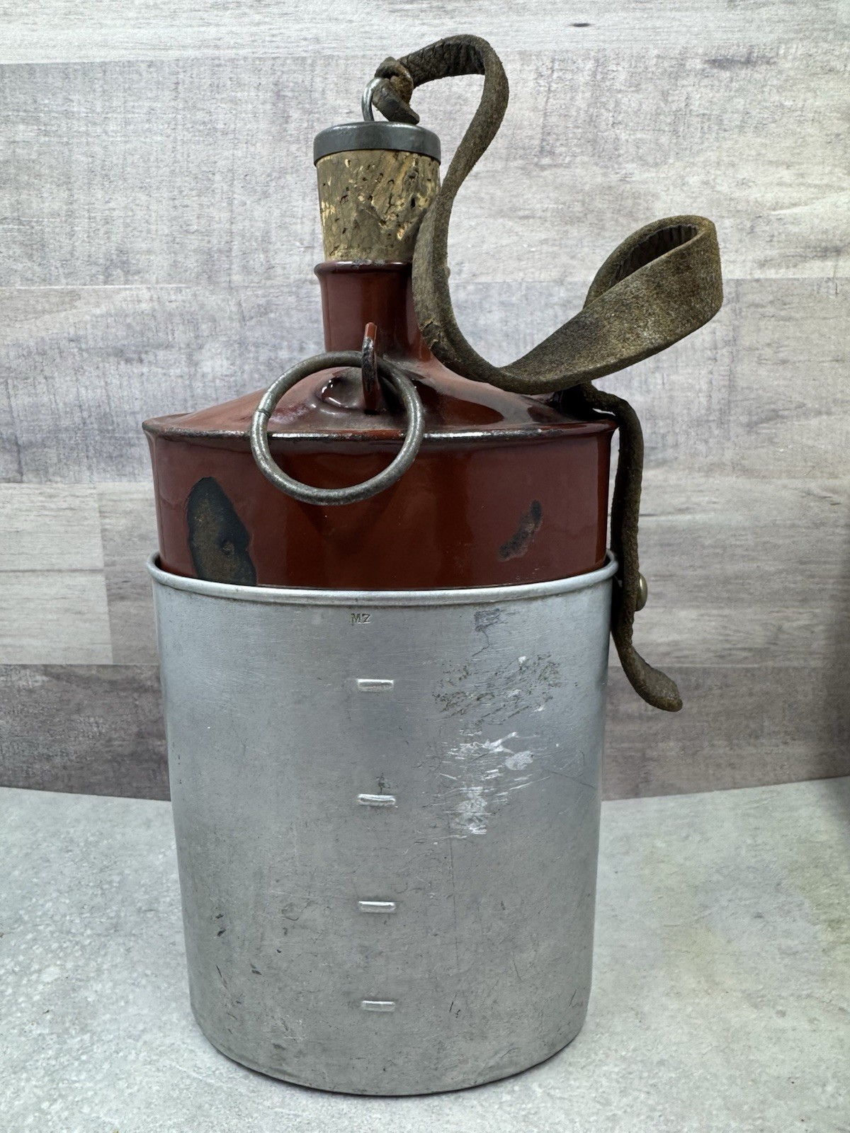 Vintage Swiss Army Canteen Enamel Water Bottle w/ Cork & Leather Strap 8.5”