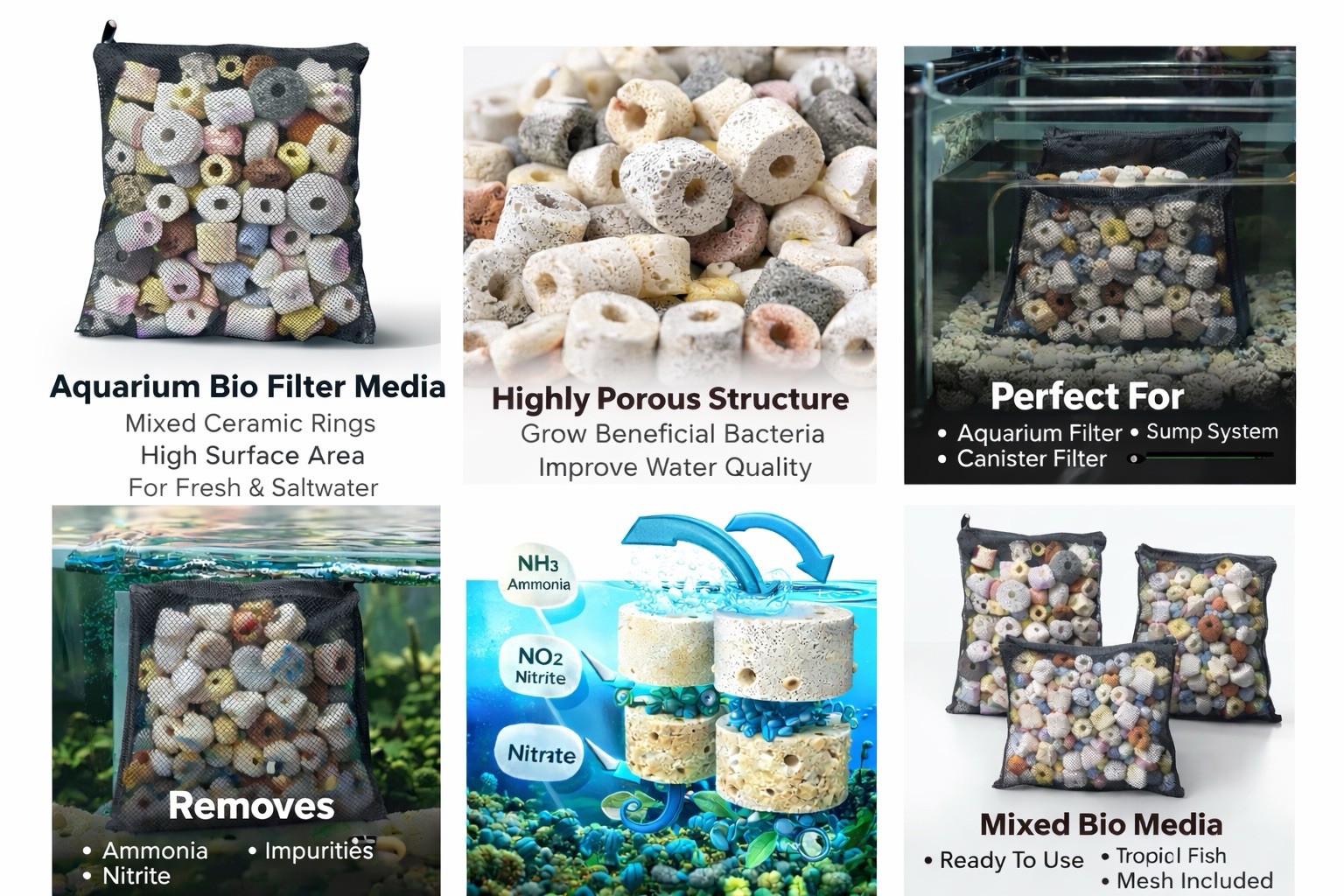 Aquarium Bio Filter Media 430g Ceramic Rings Fish Tank Mixed Filter Media