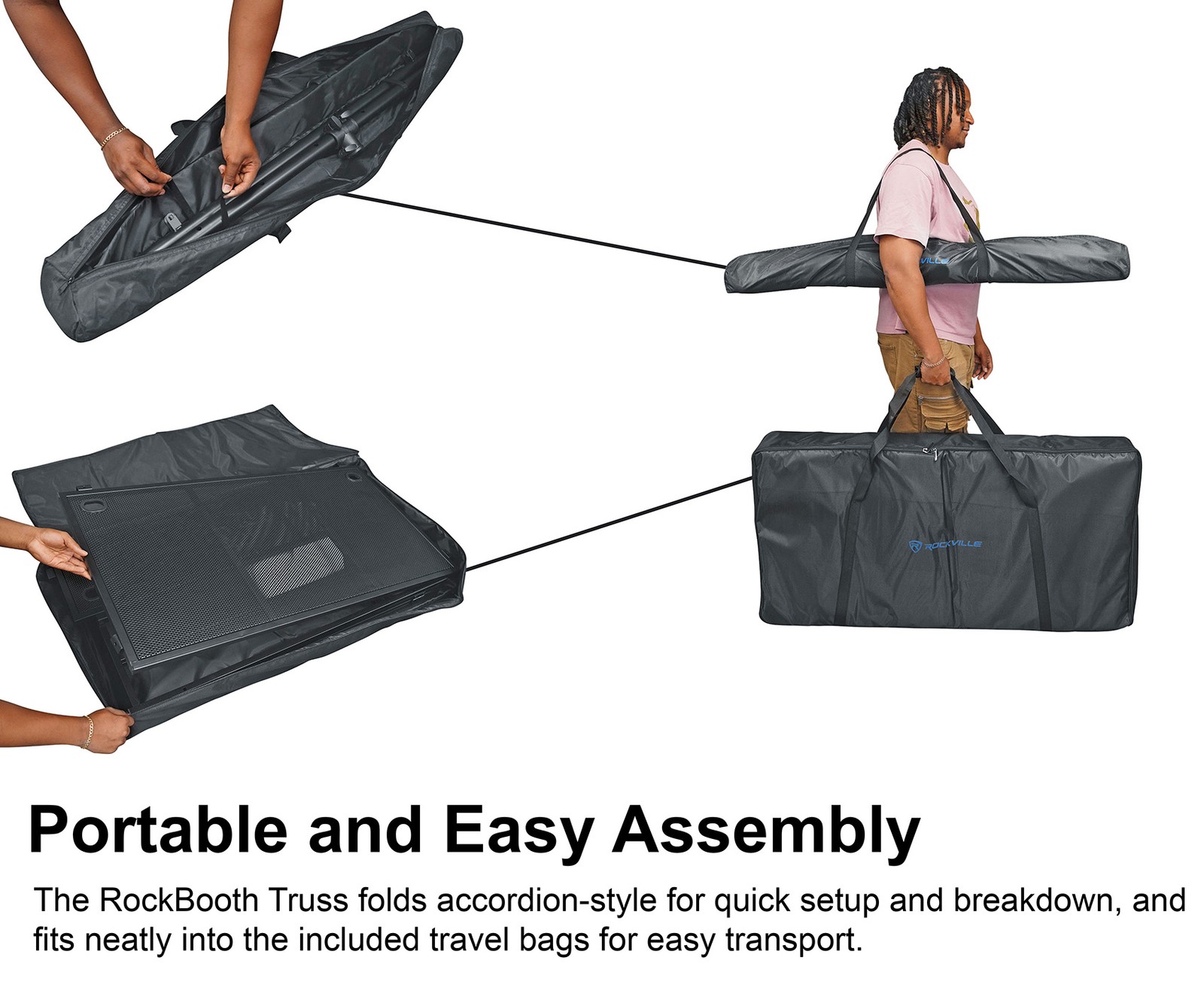 Rockville ROCKBOOTH TRUSS V2 DJ Booth Table Facade w/Shelves+Lighting Truss+Bag