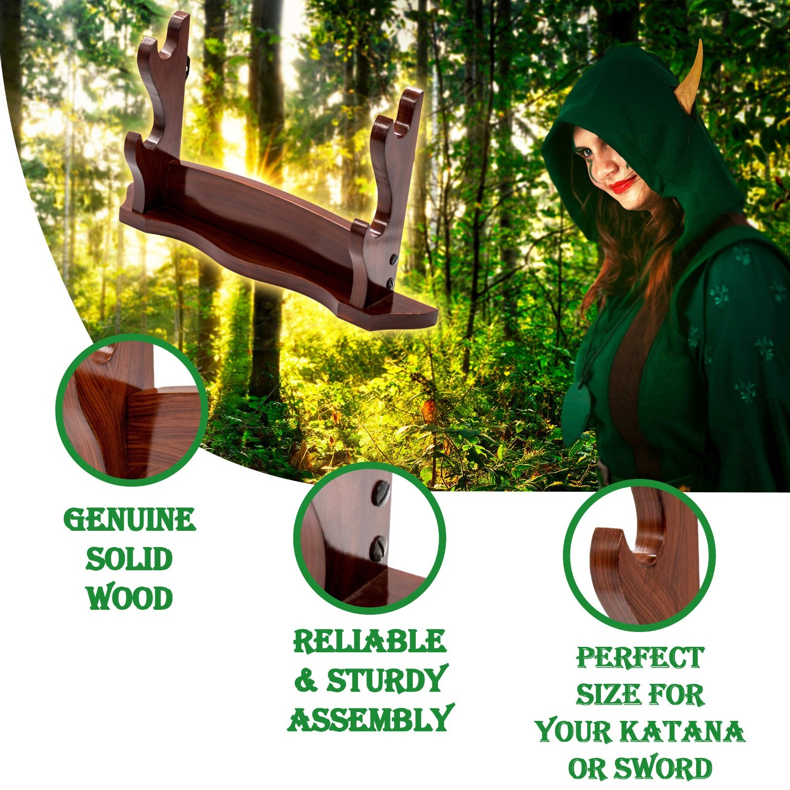 Medieval Sword Stand Solid Wood Horizontal Display Rack for Katana Dagger 2 Tier
