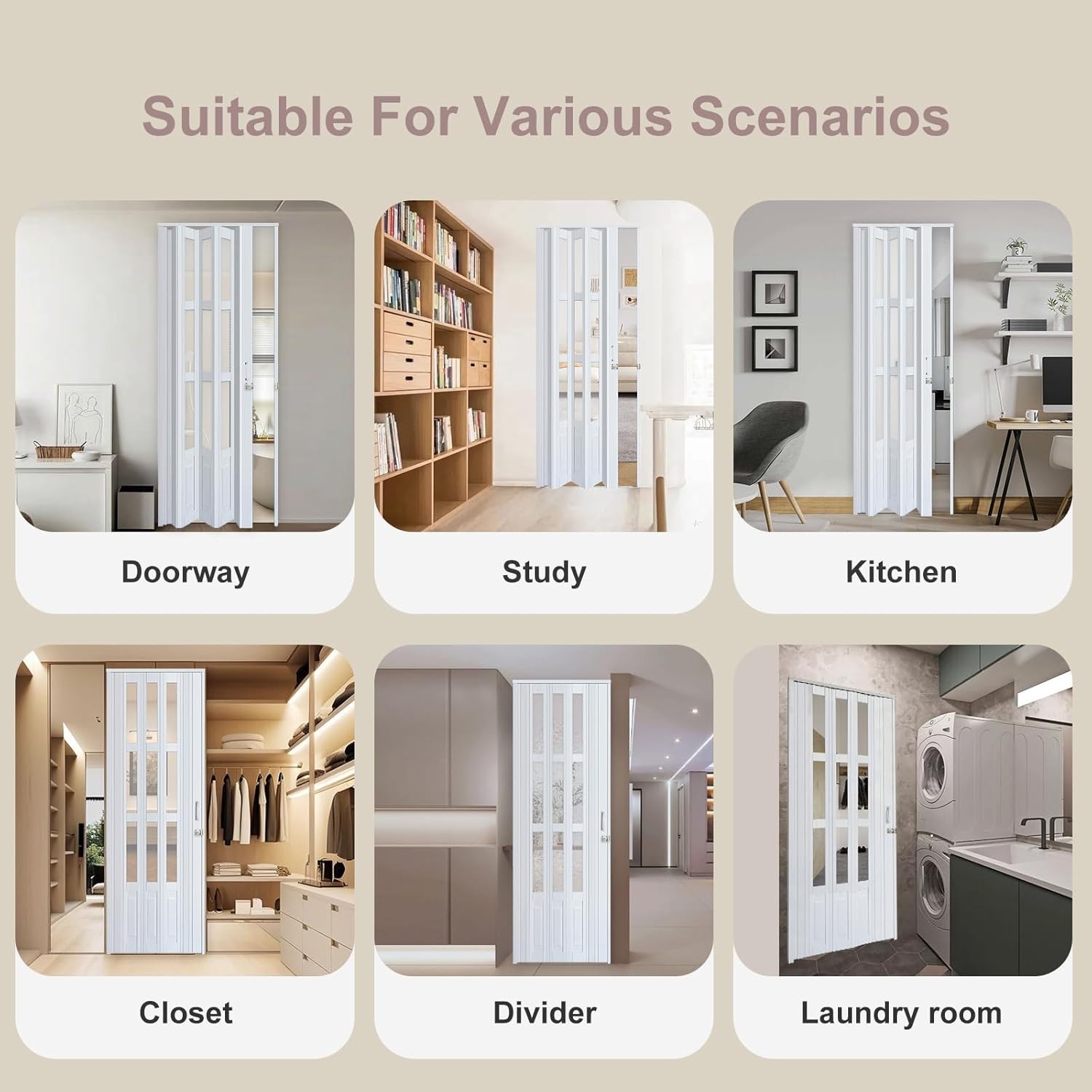 30X80in Accordion Door with Clear Panels, PVC Sliding Folding Doors with Lock，
