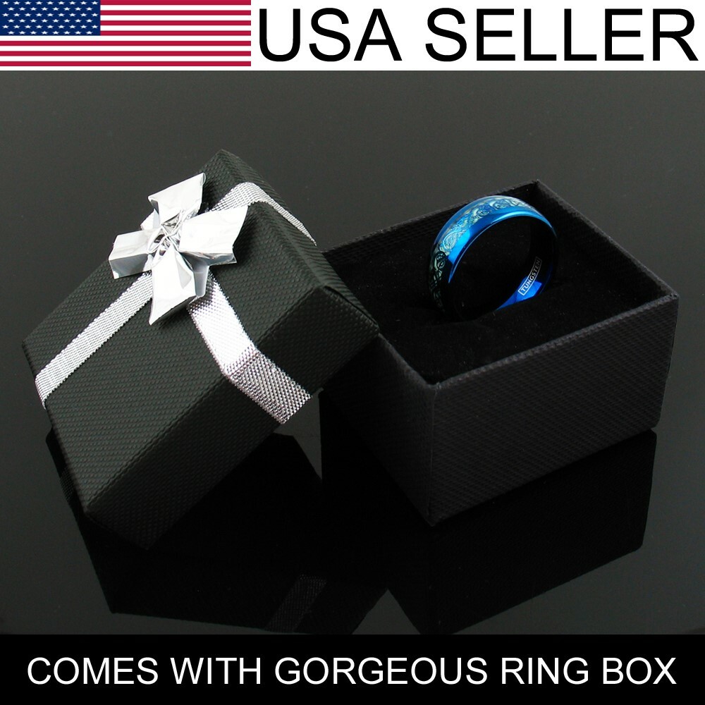 8mm Blue Tungsten Men's Ring Celtic Dragon *Glow in the Dark* Wedding Band