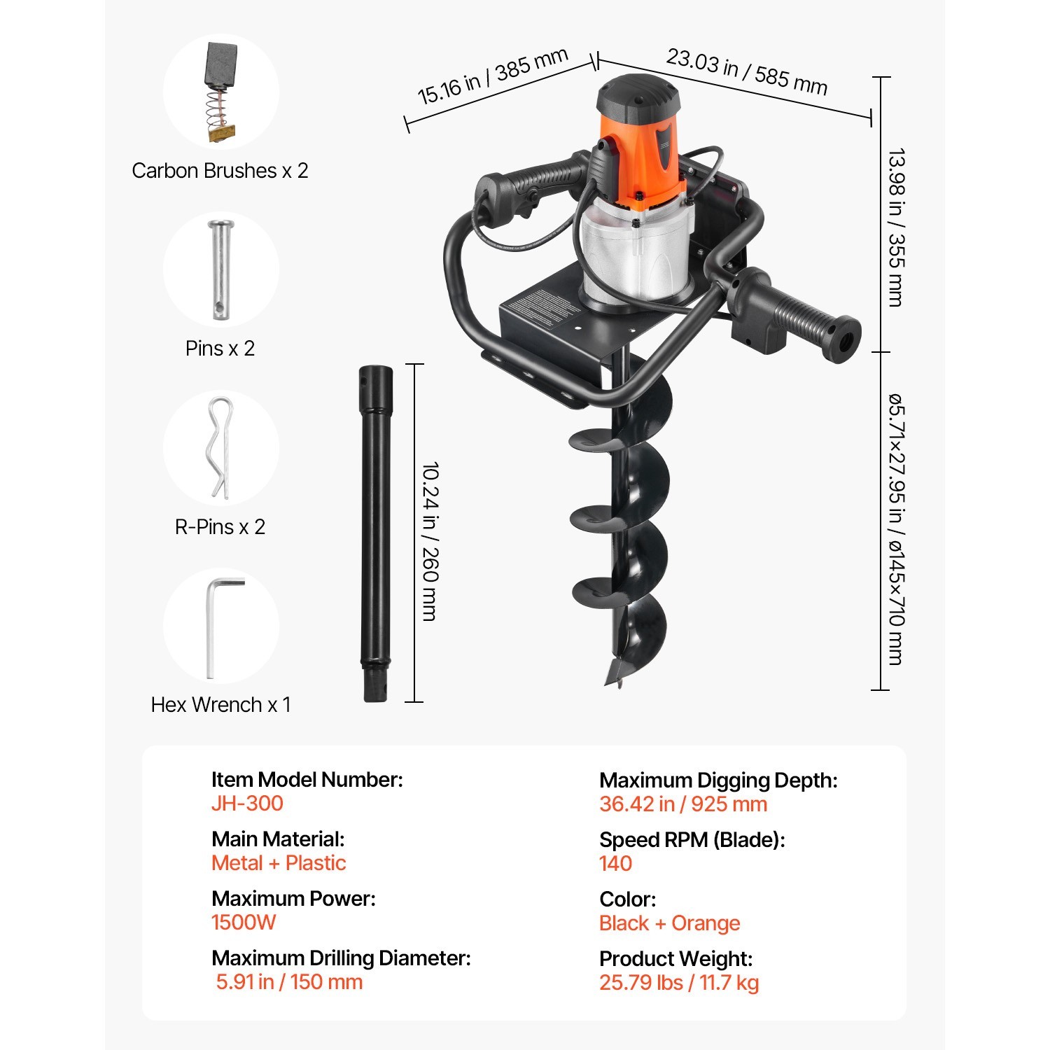 1500W Electric Post Hole Digger 5.71" Earth Auger Bit+Extension Rod Quick Digger