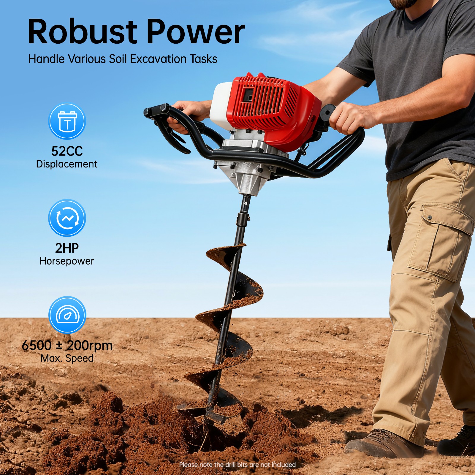 52CC 2-Stroke 2HP Gas Powered Earth Auger Post Hole Digger