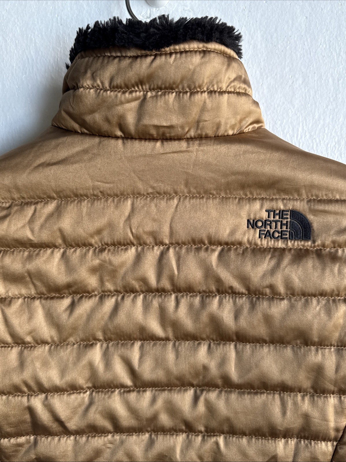 The North Face Girls Reversible Puffer Jacket Gold-Black Fleece Size Large 14/16