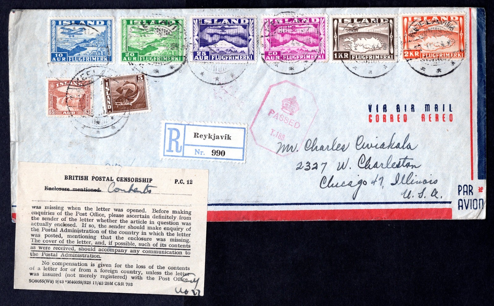 ICELAND TO US VIA UK 1944 WAR TIME AIR MAIL CENSORED BY BRITISH