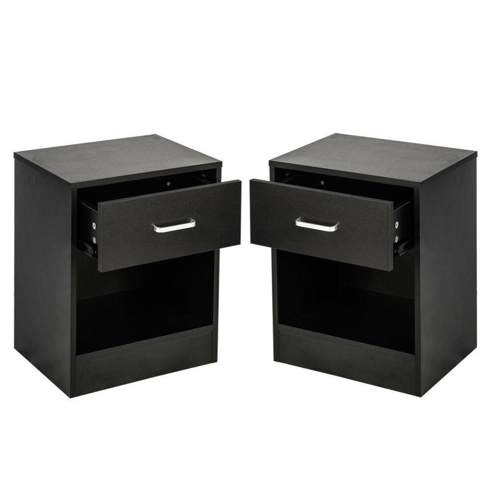 Set of 2 Bedroom Bedside Table Nightstand End Side With Drawer and Open Shelf