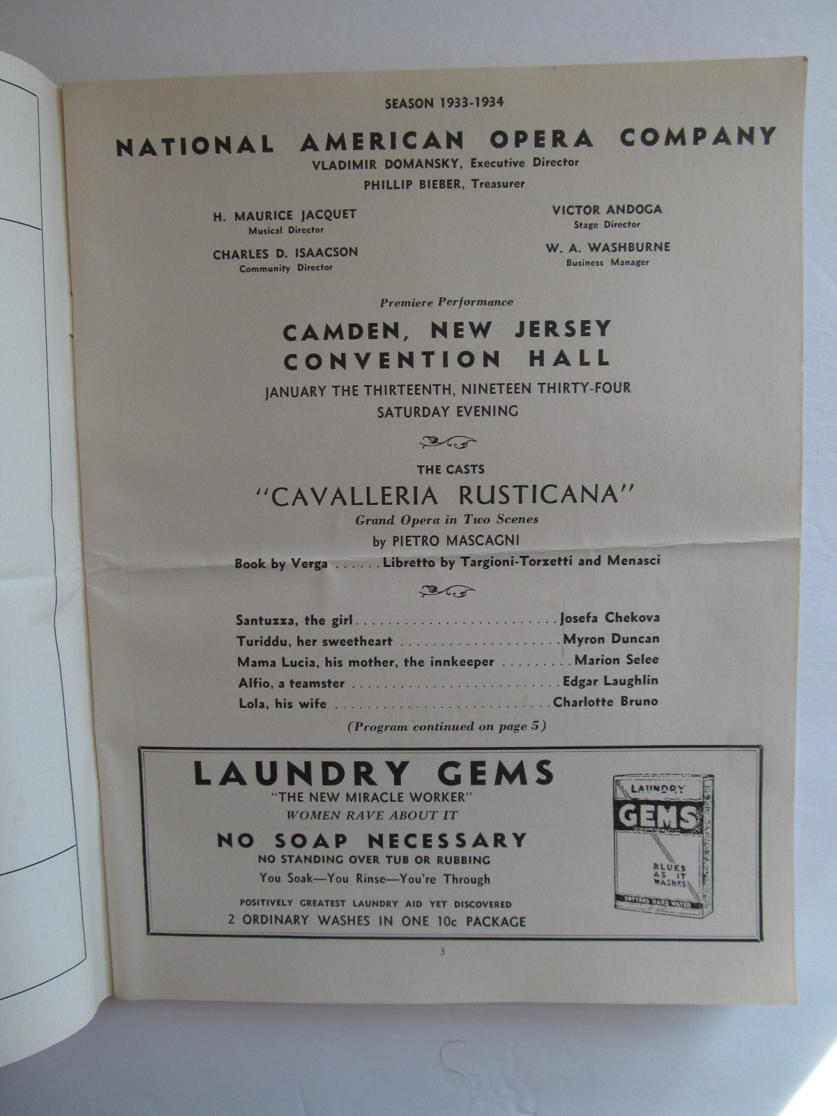 National American Opera Co. - Program - Camden NJ - 1934 - Cav/Pag