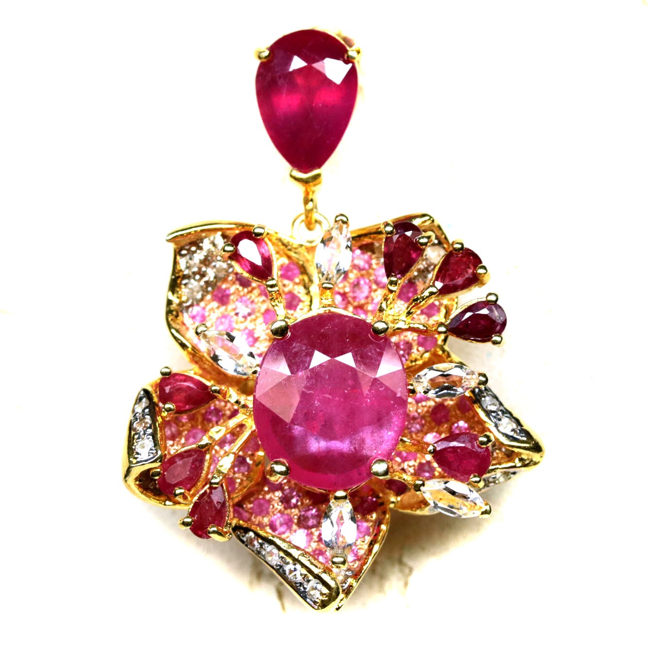 925 Sterling Silver Pink Red Ruby, Ropaz, Sapphire & Zircon Brooch/Pendant