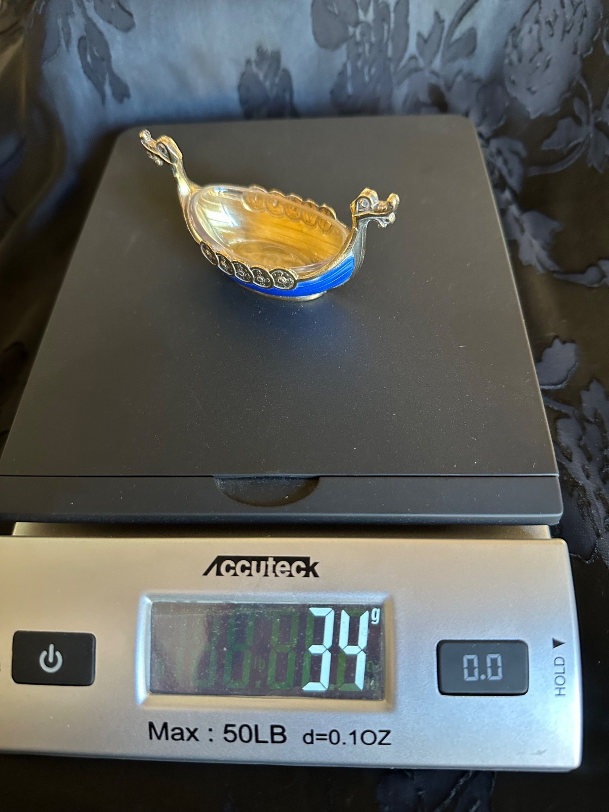 Theodore Olsen Norway Gilt Sterling Silver Blue Guilloche Viking Ship Salt