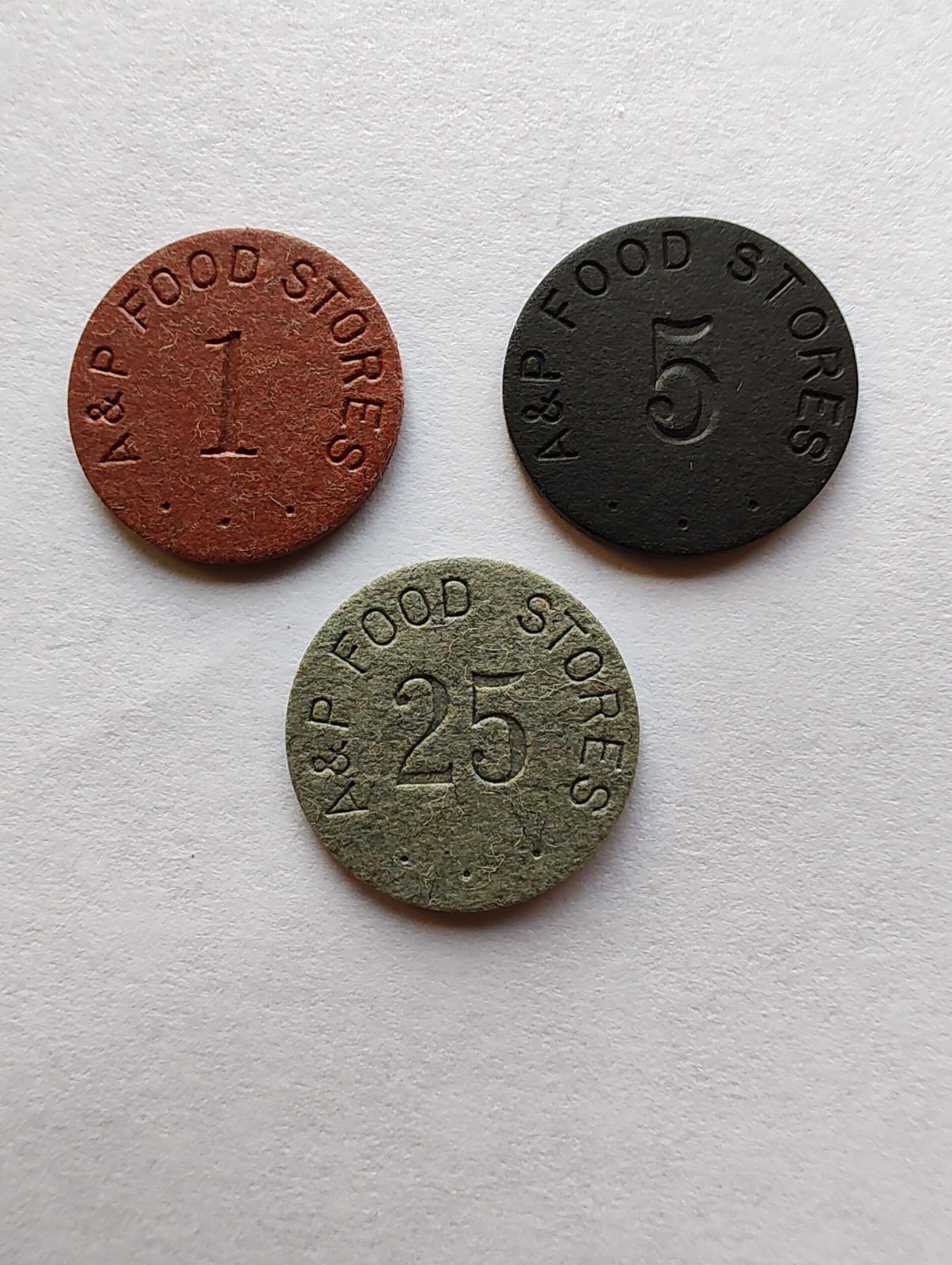 A & P Food Stores Set Of 3 Different Denomination USDA Fiber Food Stamp Token