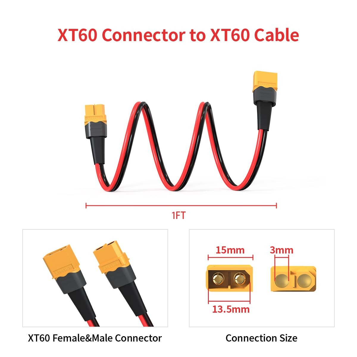 12AWG 1FT XT60 Extension Cable, Female to Male Connector for 1FT,