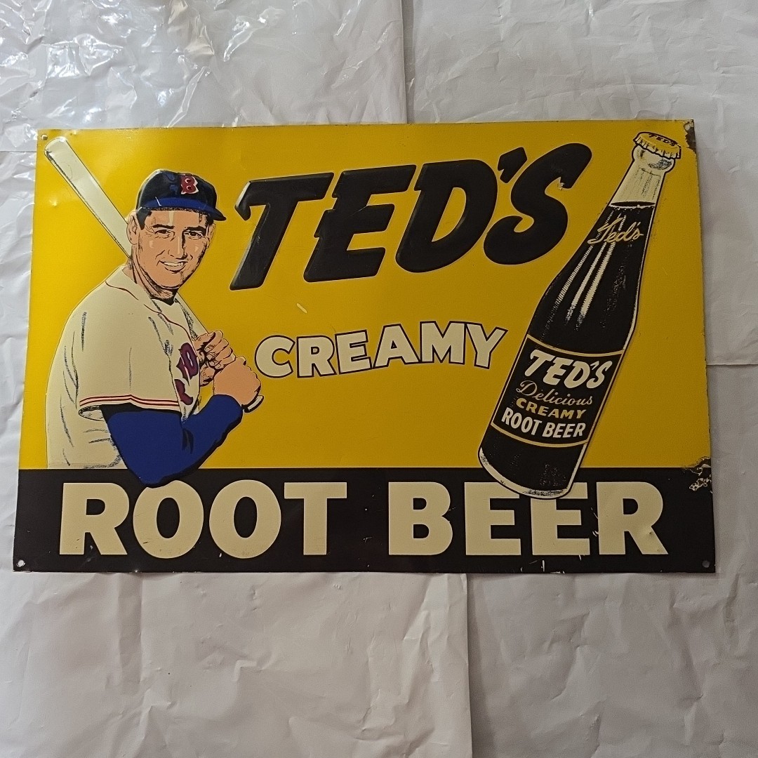 VTG TED WILLIAMS Ted's Delicious Creamy ROOT BEER SIGN  10in. x 15in. Green Back