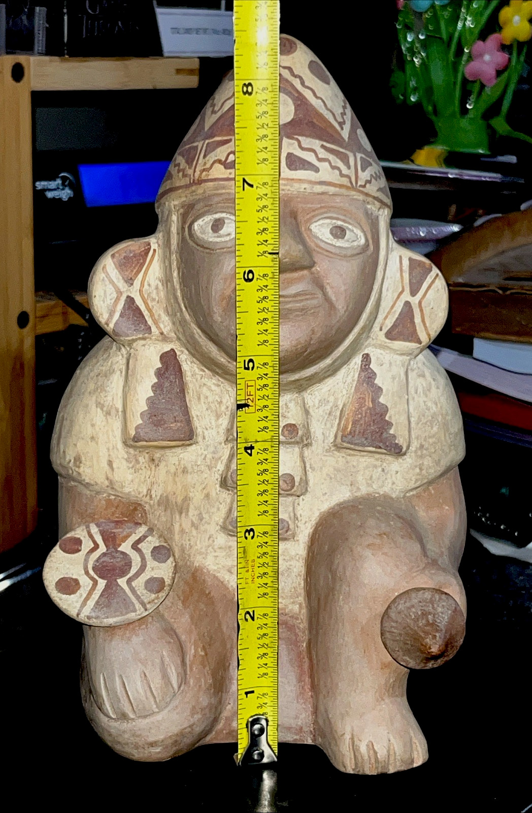 Peruvian Moche Pichu Style Pottery Stirrup Spout Vessel 8 1/2" Kneeling Warrior