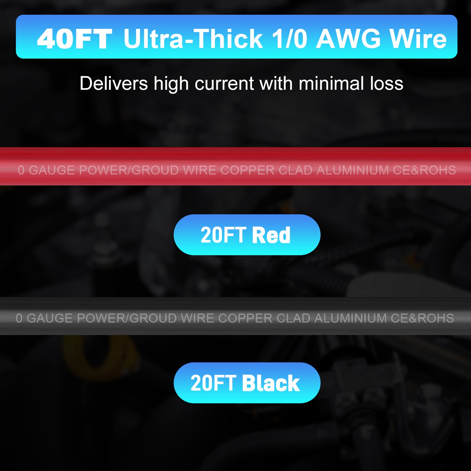 40FT 1/0 AWG Battery Cable 1/0 Gauge Wire Copper Clad Aluminum CCA Amp Wiring