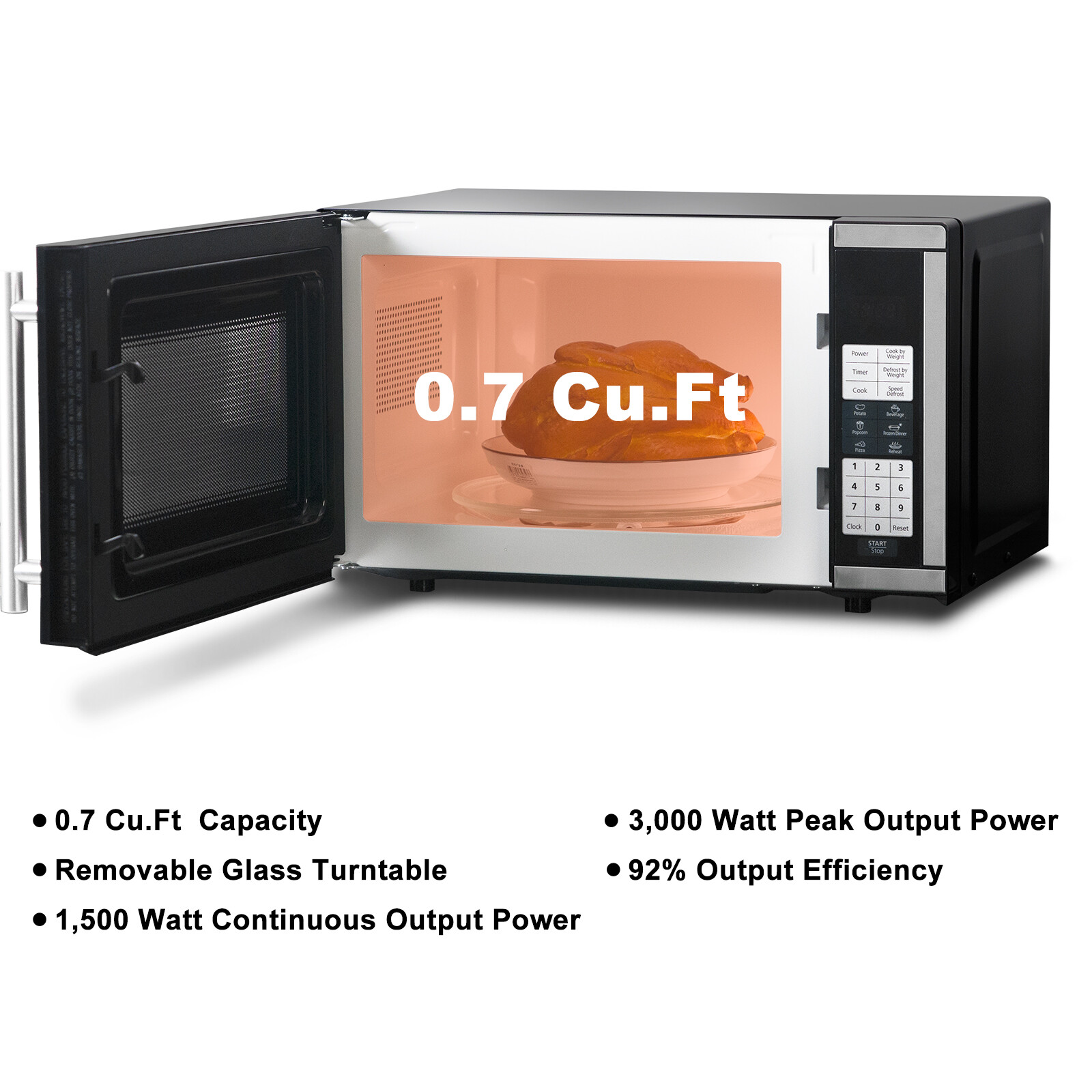Countertop Microwave Oven 700W 10 Power Levels 6 Auto Menus Child Safety Lock