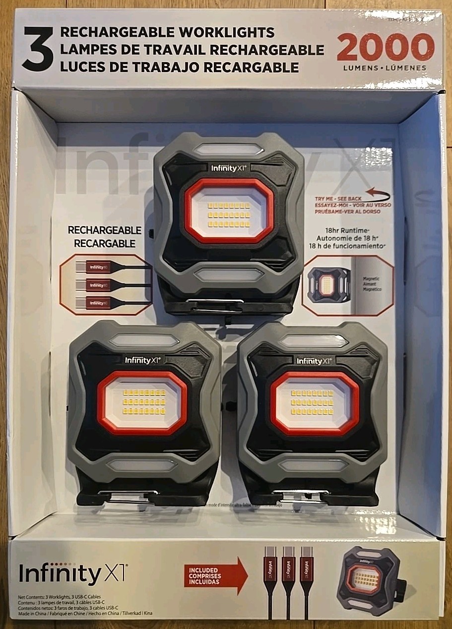 NEW Infinity X1 2000 Lumen Work Light, 3PK, 18Hrs, 5 Modes, Magnetic, Powerbank