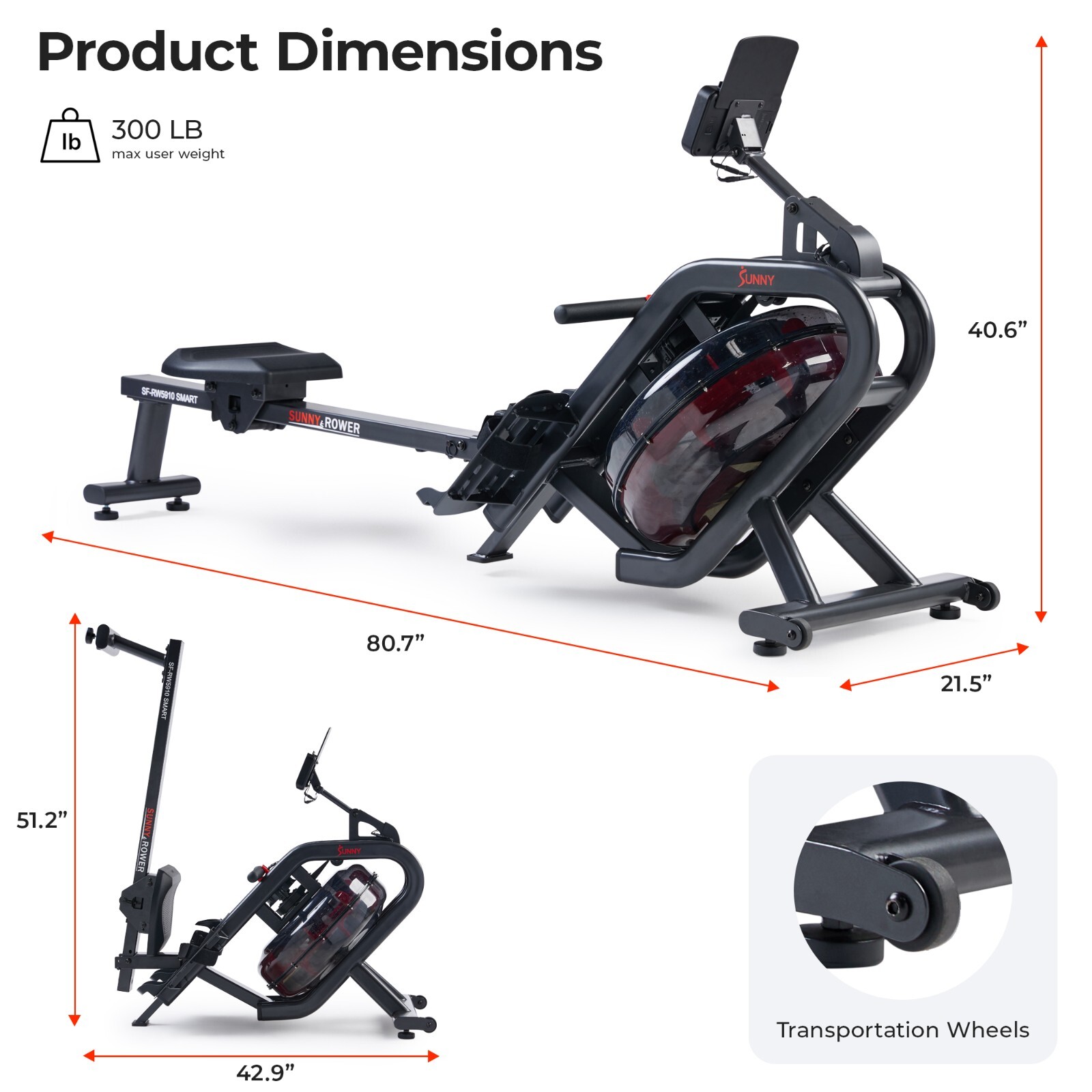 Smart Phantom Hydro Water Rowing Machine Foldable Home Cardio Workout Dual Rail