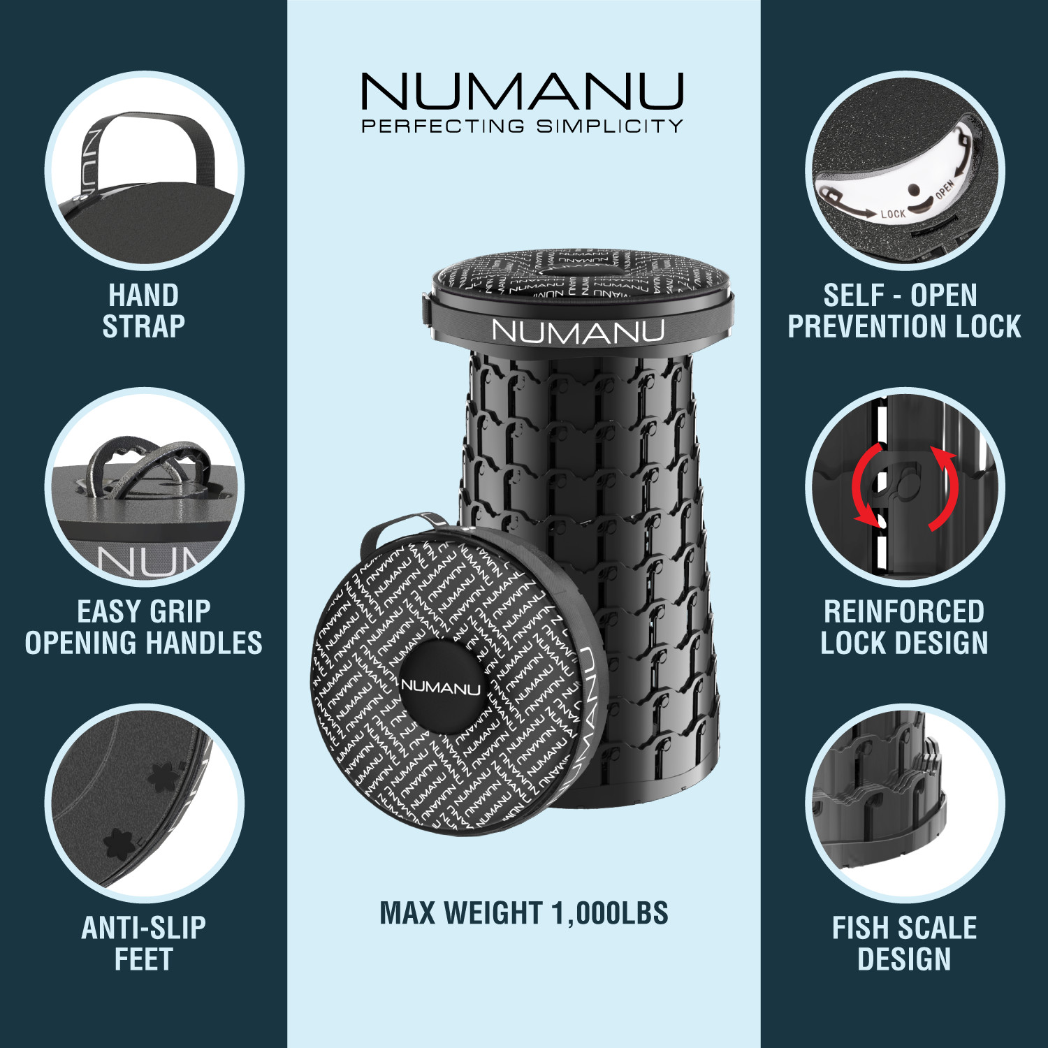 NUMANU 19.7" XXL Taller & Wider Collapsible Stool, Seat Cushion & Carry Bag