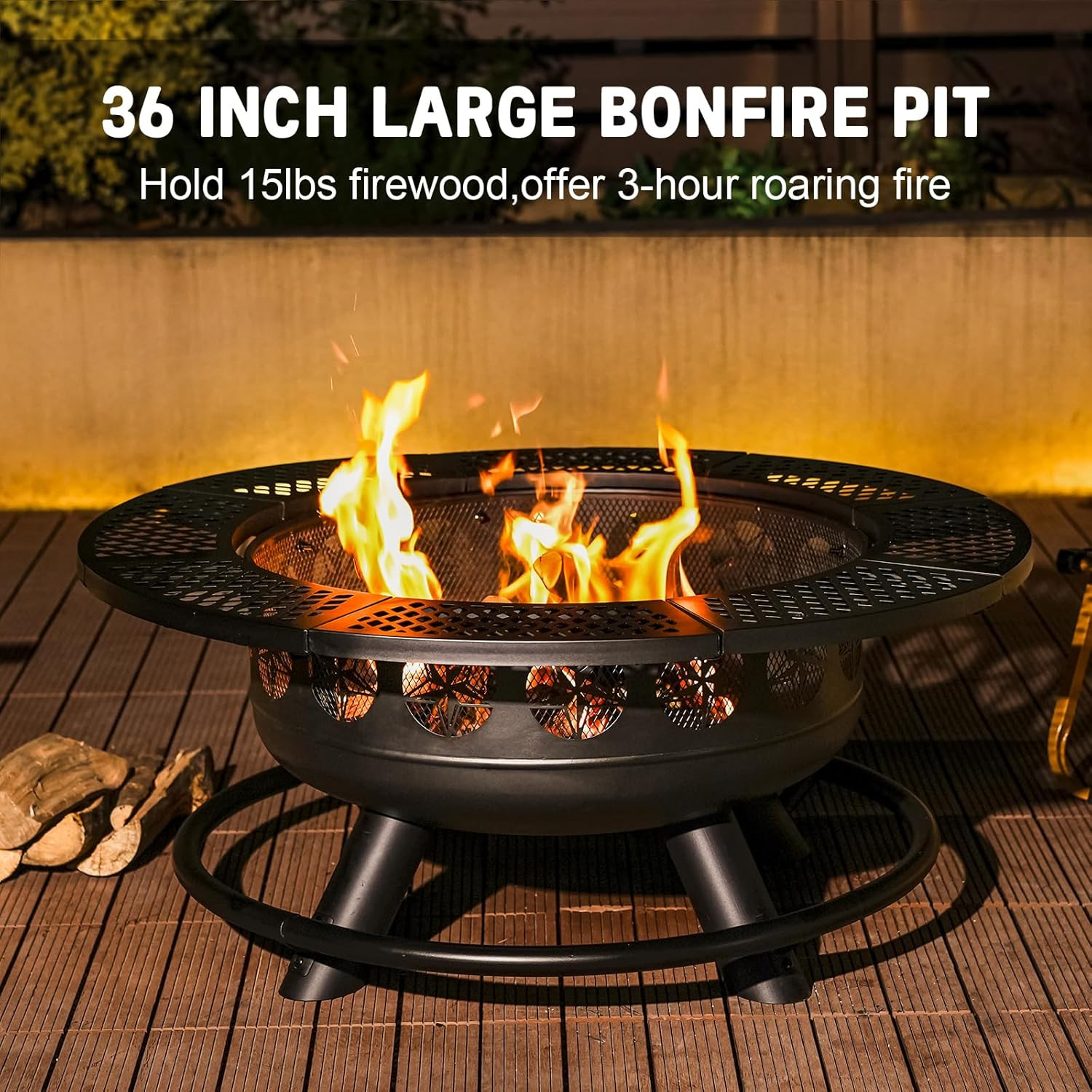 36 Inch Fire Pit with 2 Grills, Outdoor Wood Burning Firepit with Lid Metal Roun