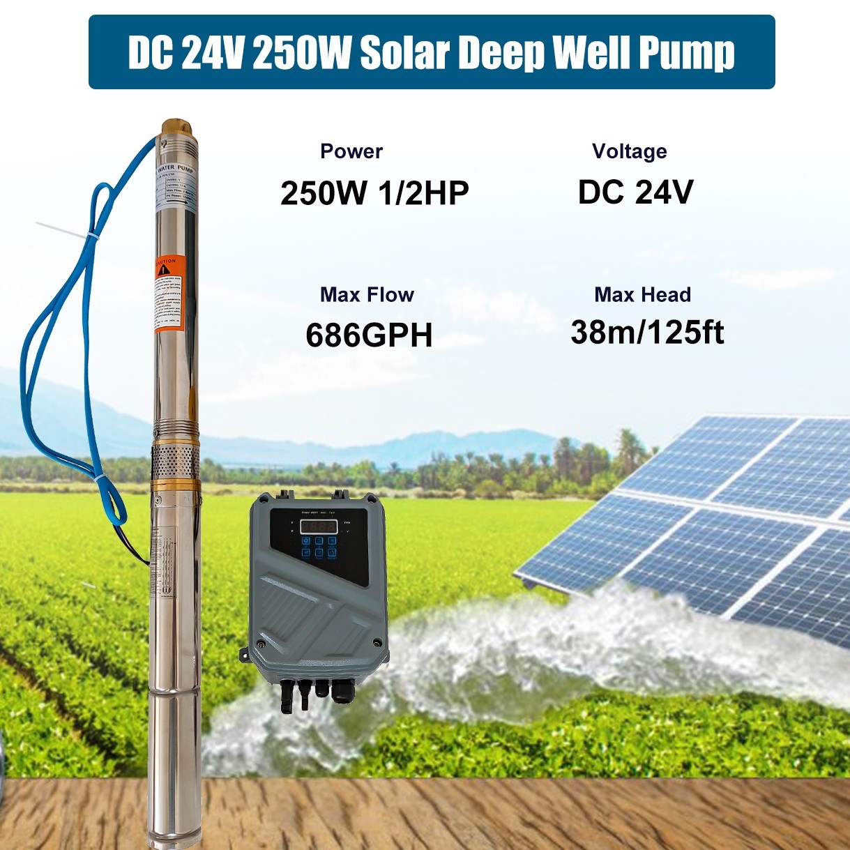 DC24V 2" OD Solar Pump Submersible Pump Bore 250W Deep Well Pump+MPPT Controller