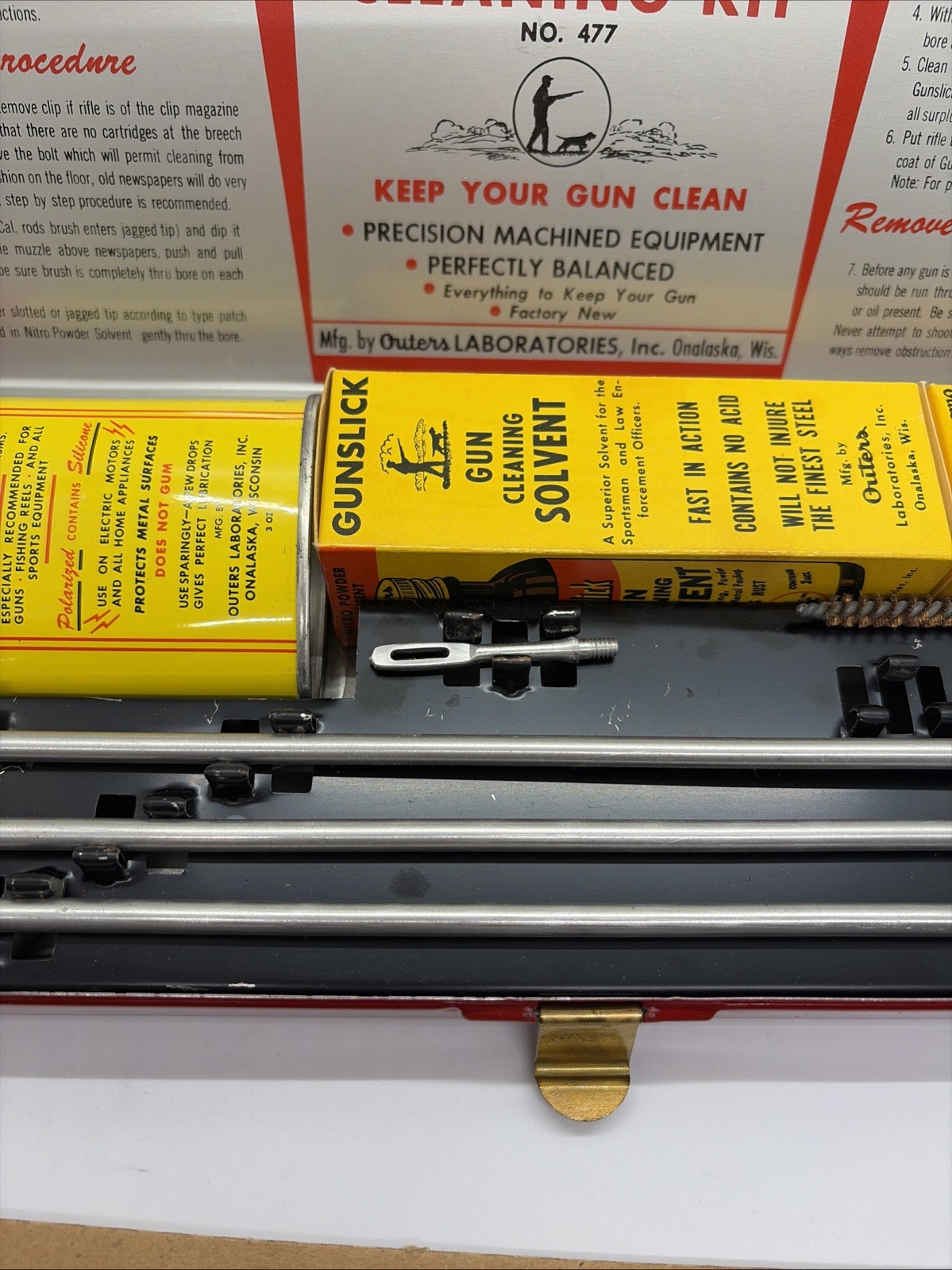 VTG Outers Gunslick No. 477 Rifle Cleaning Kit 22 In Original Box Red Tin (13)