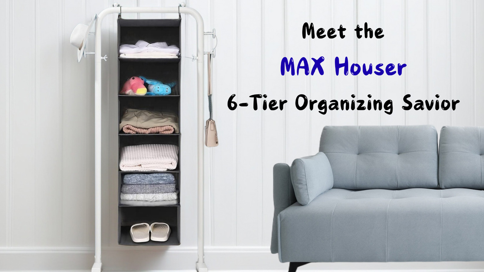 6-Tier Hanging Closet Organizer Shelf with 2 Hooks, Foldable Storage Solution -