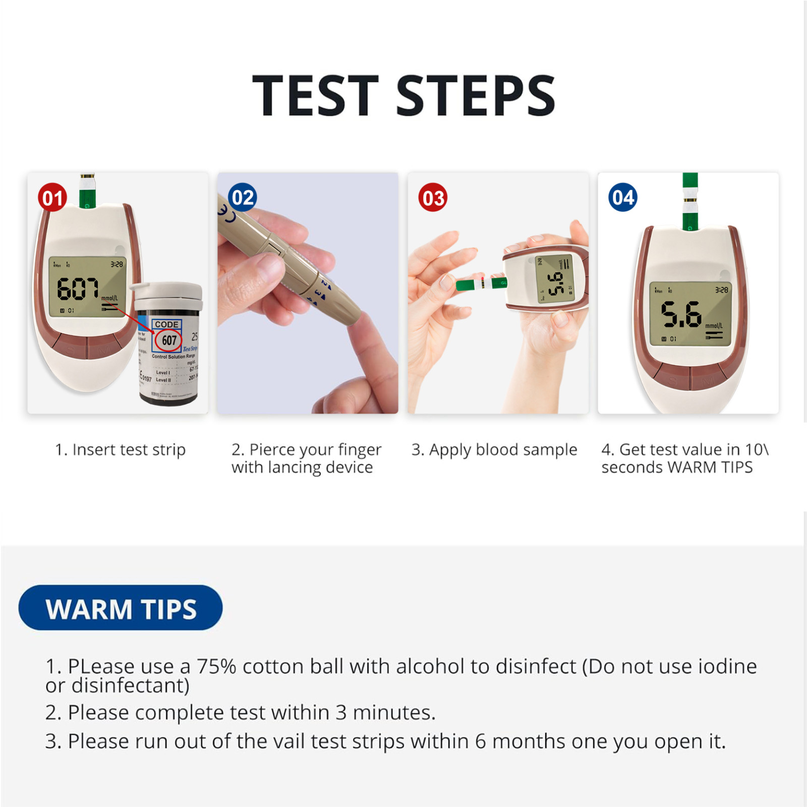 Blood glucose meter, self-monitoring of blood glucose by diabetic patients