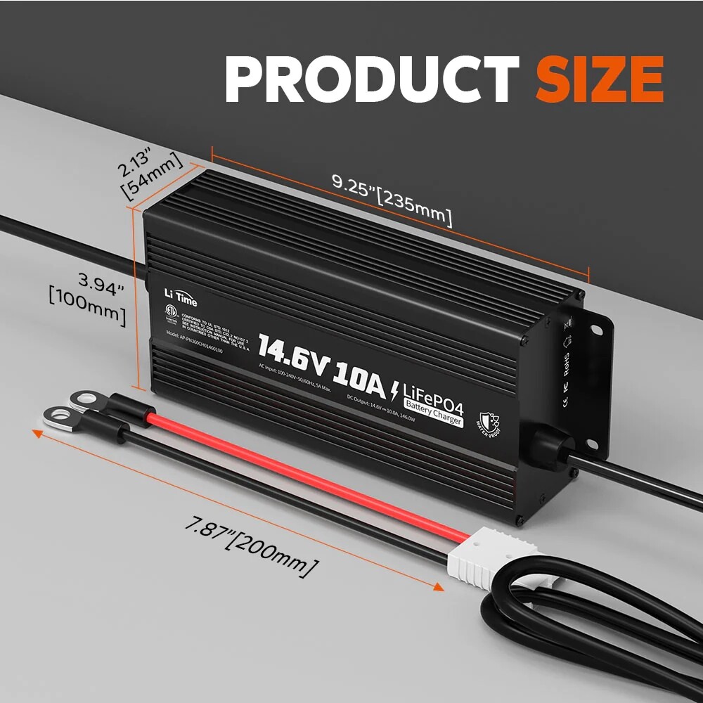 LiTime IP67 Waterproof 14.6V 10A LiFePO4 Onboard Charger for Outdoor Marine Use
