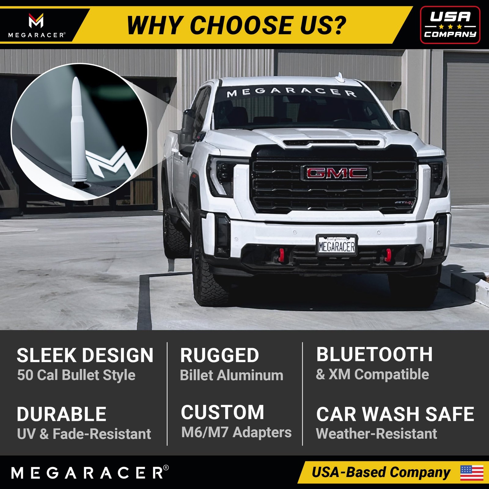 Gloss White 50 Cal Bullet Antenna for Chevy Silverado & GMC Sierra 1500 2500 ...