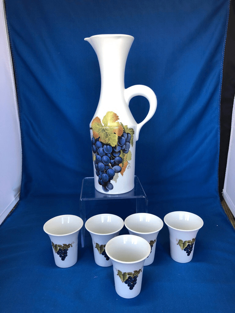 Vintage Naaman Israel Porcelain Grapes Decanter Pitcher & 5 Cups 6pc