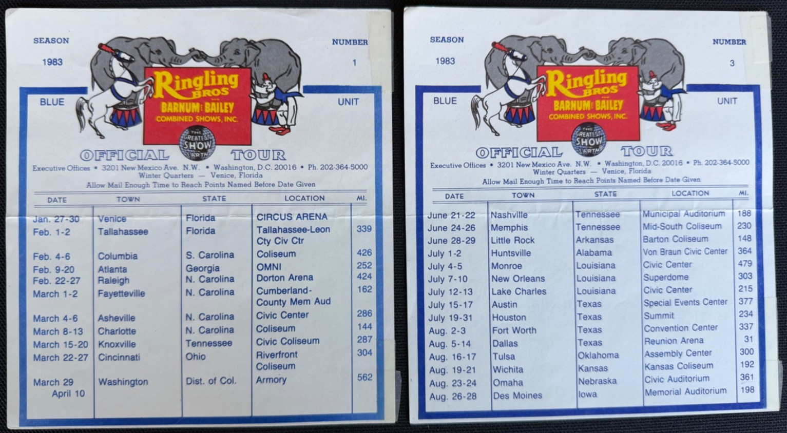 1983 Official Tour Advance Sheets Ringling Bros and Barnum & Bailey Circus