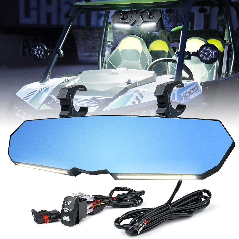 UTV Rear View Center Mirror w/ Light 1.75 - 2" For Polaris RZR XP 1000 Can Am X3