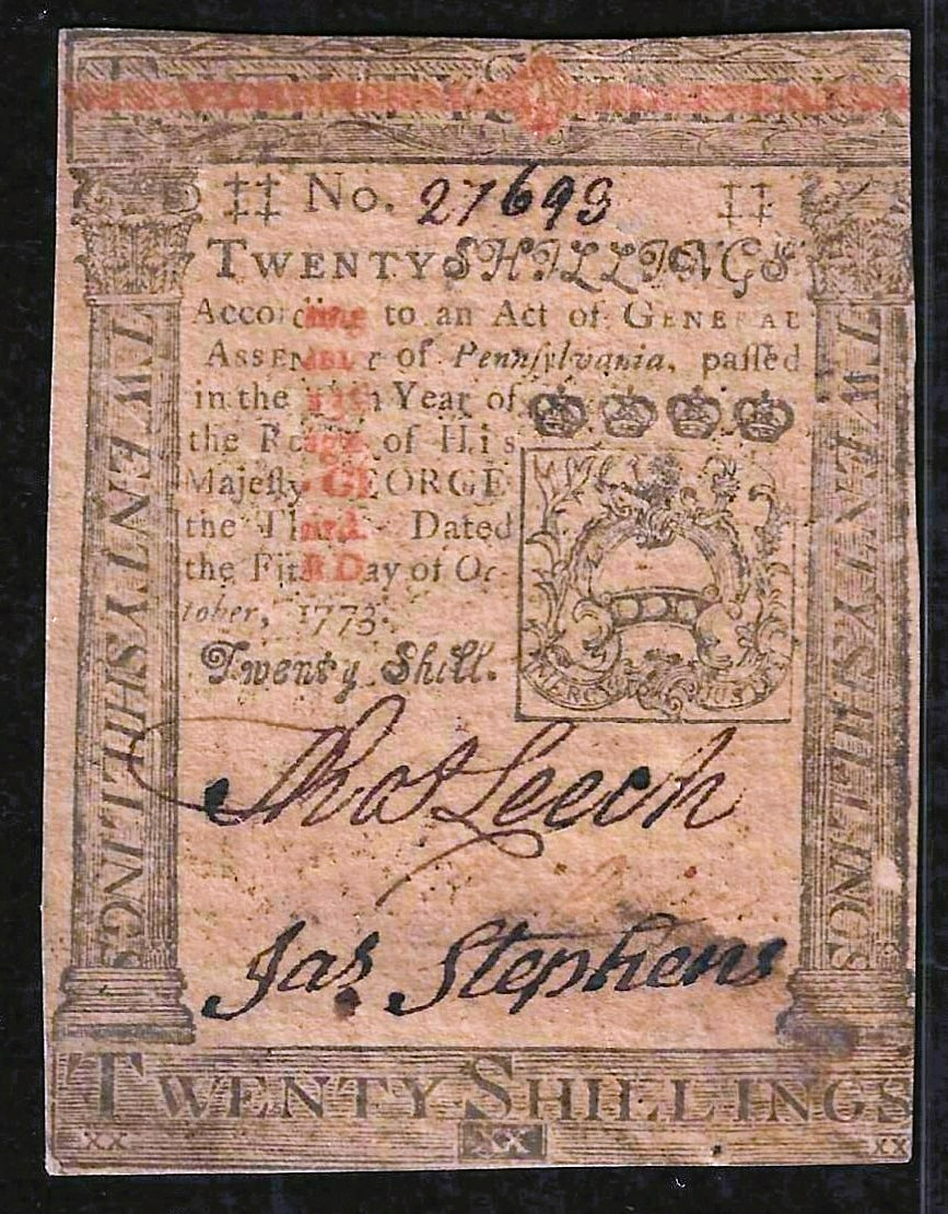 1773 PENNSYLVANIA COLONIAL 20 SHILLINGS (1 POUND) ~ PMG GEM UNCIRCULATED 63 EPQ