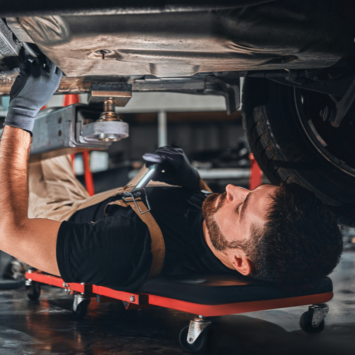 36" Red[FOLDABLE CREEPER+UPHOLSTERED SEAT]Rolling Mechanic Vehicle Repair Stool