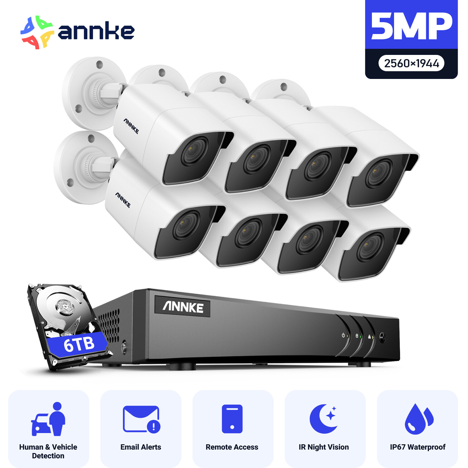 ANNKE 3K 8CH DVR 5MP Outdoor CCTV Security Camera System Human Detection H.265+