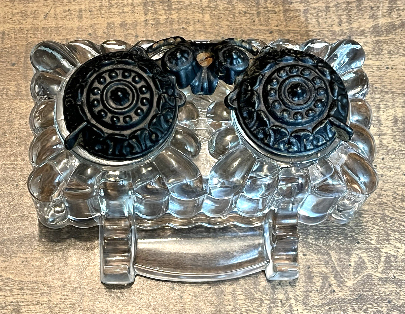 Antique "Tatum" Double Inkwell Pressed Glass w/Cast Iron Swivel Lids 1878-1900